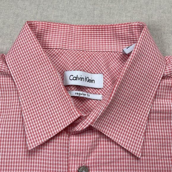 Calvin Klein Dress Shirt Mens 16.5 34/35 Pink Gingham Long Sleeve Button Down - Picture 5 of 12
